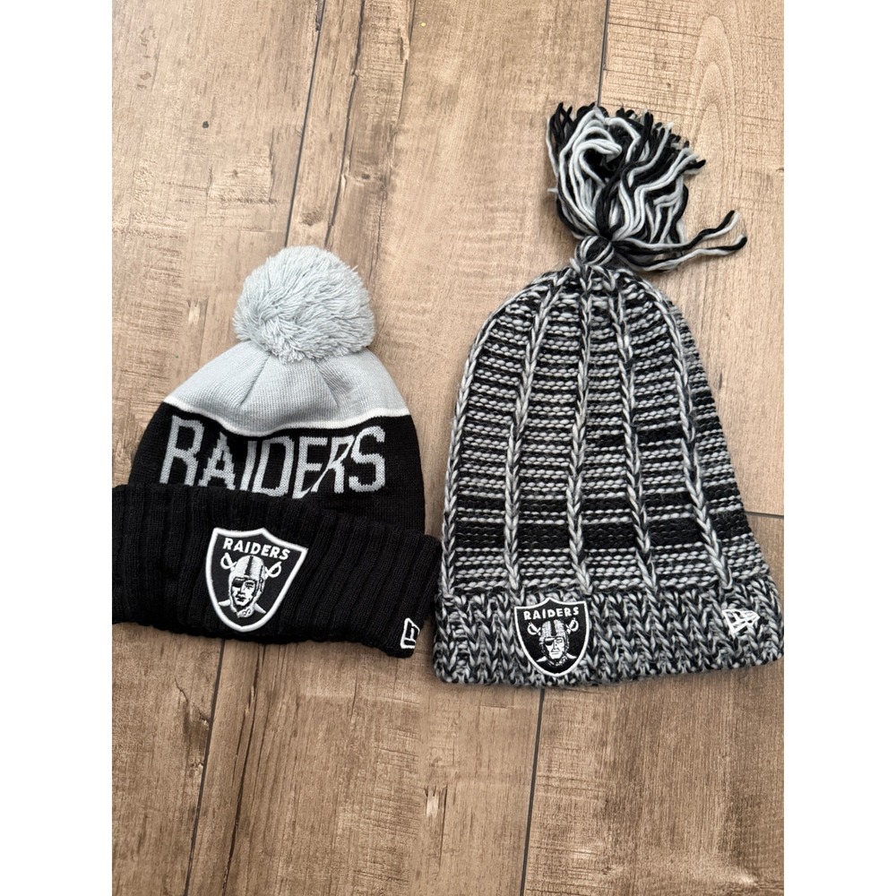New Era Las Vegas Raiders Beanie Hat Lot 2 Pack Black Gray Knit NFL Pom Tassel